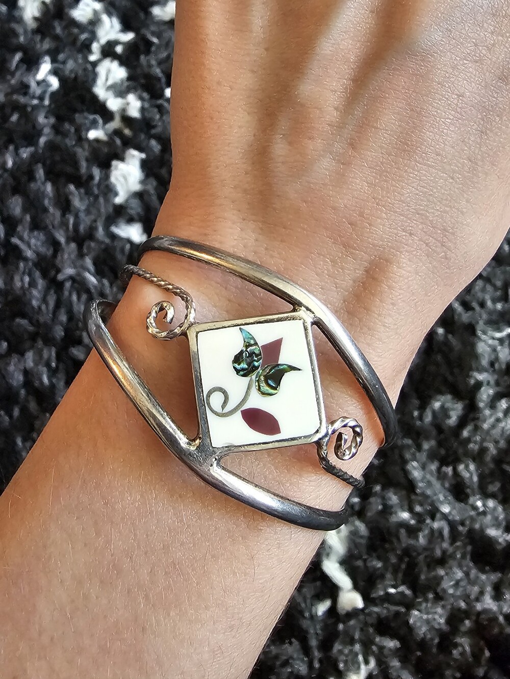 Vintage Mexican Alpaca Silver Cuff Bracelet with Mother-of-Pearl Inlay